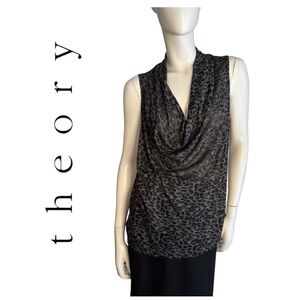 Theory Draped Cowl Neck Leopard Print Sleeveless Top - Black/Gray